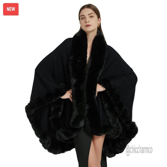 Jackets & Blazers - Faux Fur Trim Cardigan Cloak Shawl Wrap Winter Poncho Cape